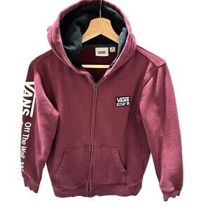 Vans Youth Logo Front Zip Hoodie - Size Medium - Maroon/White